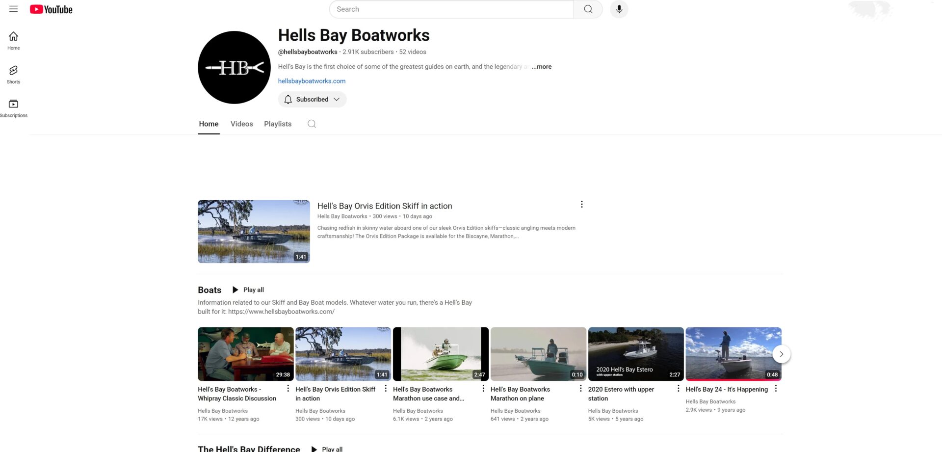 The Hell's Bay YouTube channel home page